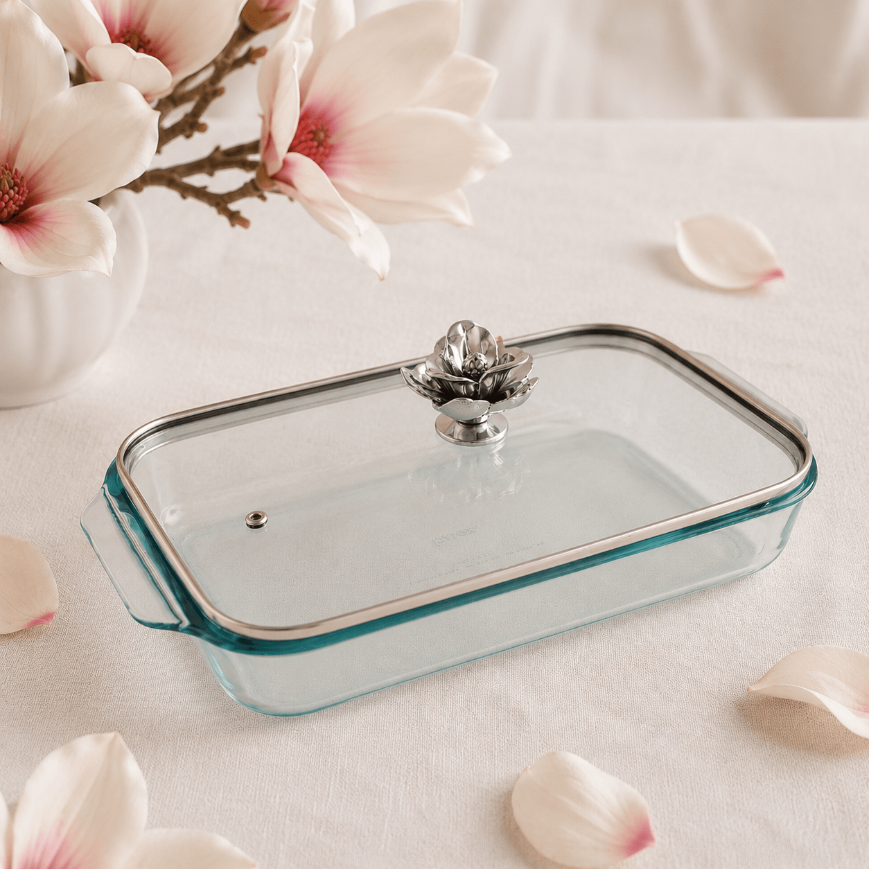 Arthur Court Magnolia Magnolia Lid with Pyrex 3 quart Baking Dish