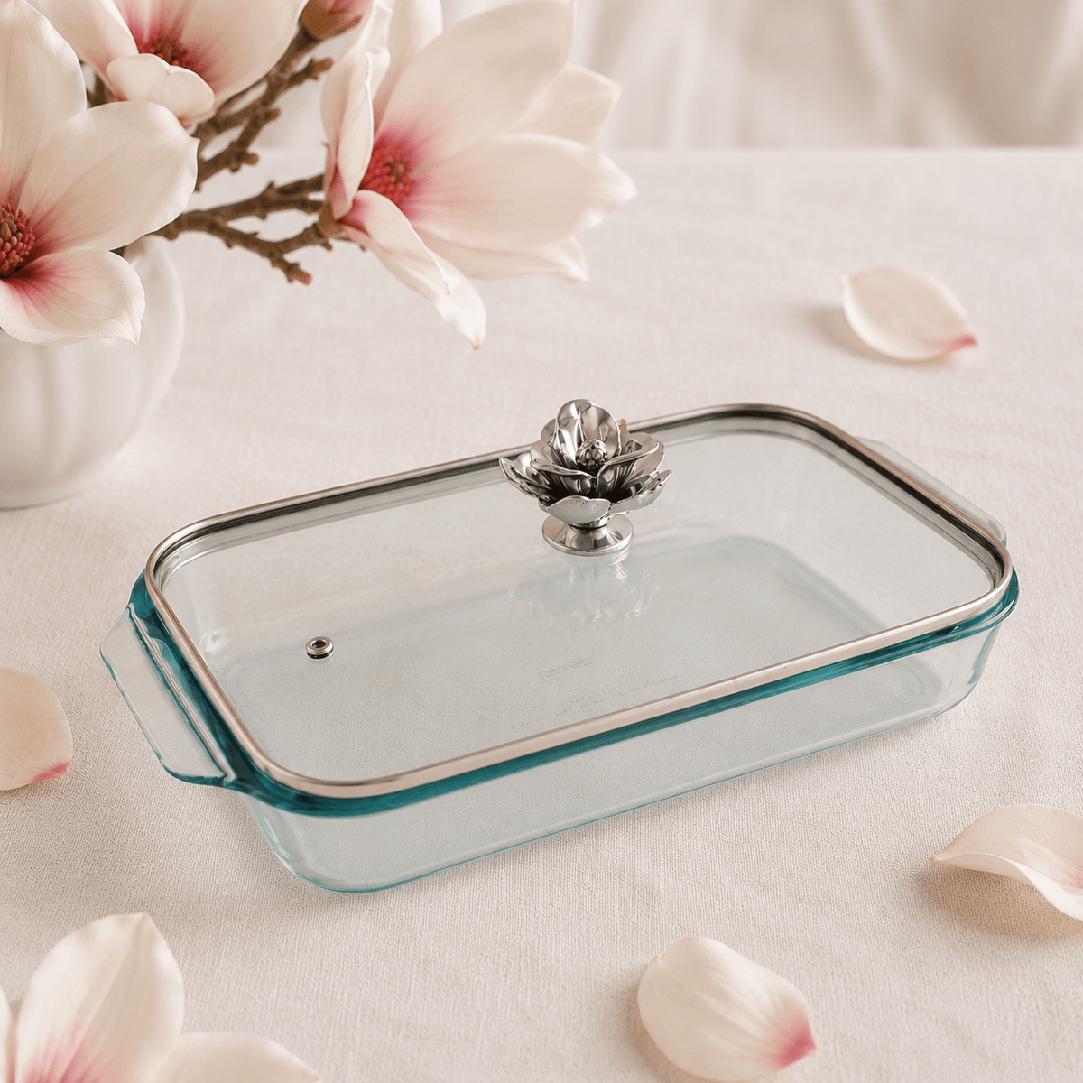 Arthur Court Magnolia Magnolia Lid with Pyrex 3 quart Baking Dish