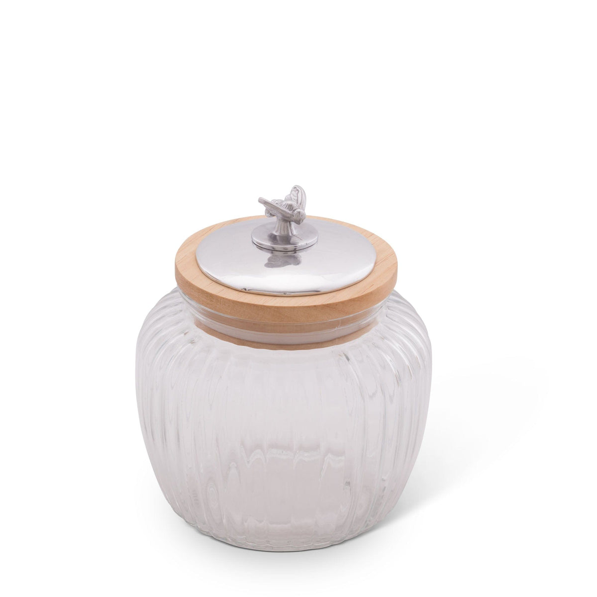 Glass canister viewed from a slightly elevated angle, featuring a silver and wood lid, perfect for elegant accent or kitchen decor.