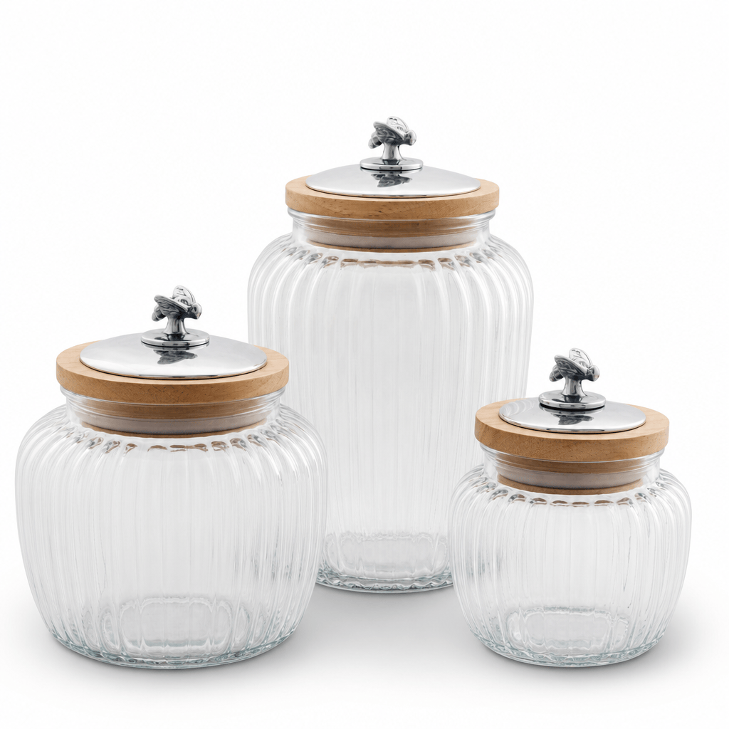 Arthur Court Magnolia Set of 3 Honey Bee Knob Glass Canisters