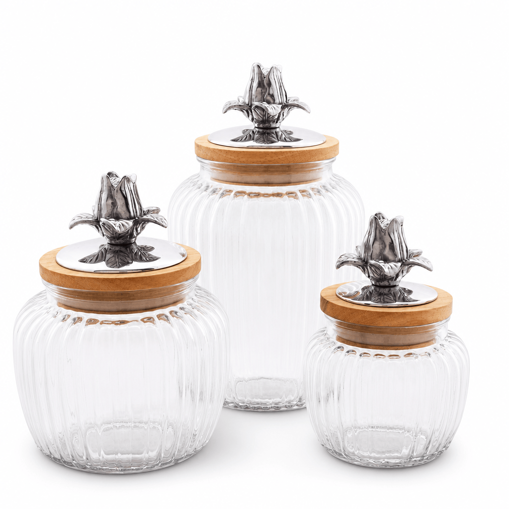 Arthur Court Magnolia Set of 3 Magnolia Knob Glass Canisters