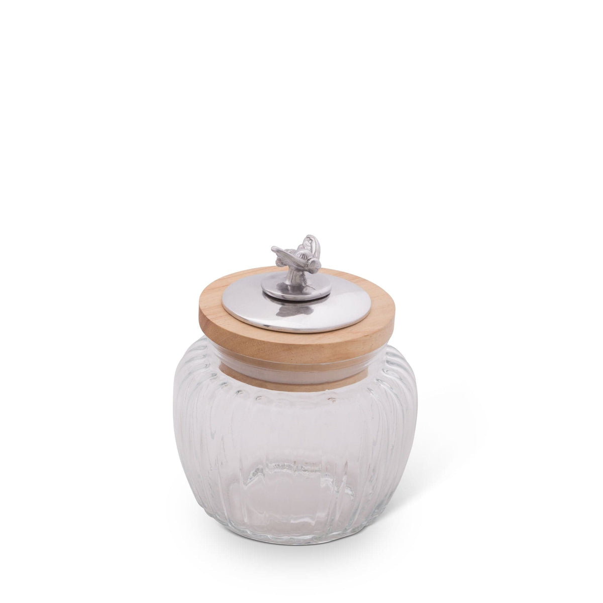 This decorative canister, viewed from the side, features a ribbed glass body and a wooden lid with a metal handle, an elegant accent for kitchen decor.