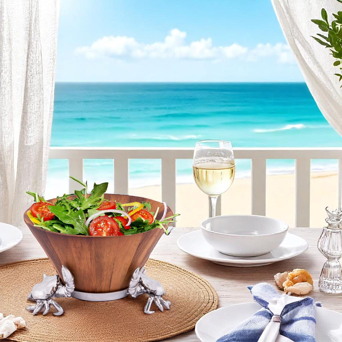 Arthur Court Sea and Shore Crab Wood Tall Salad Bowl