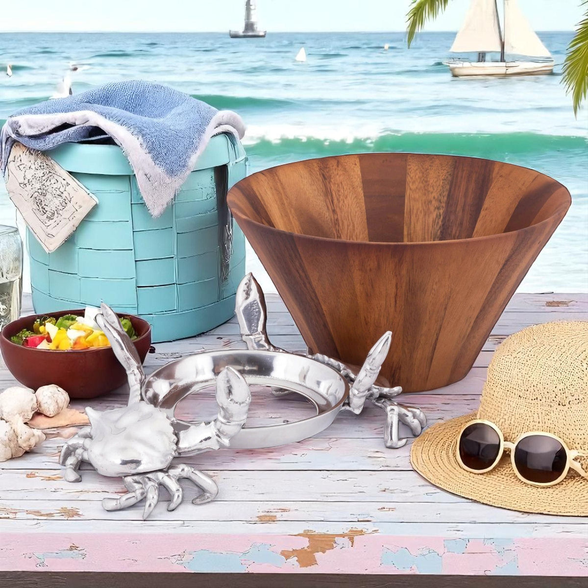 Arthur Court Sea and Shore Crab Wood Tall Salad Bowl