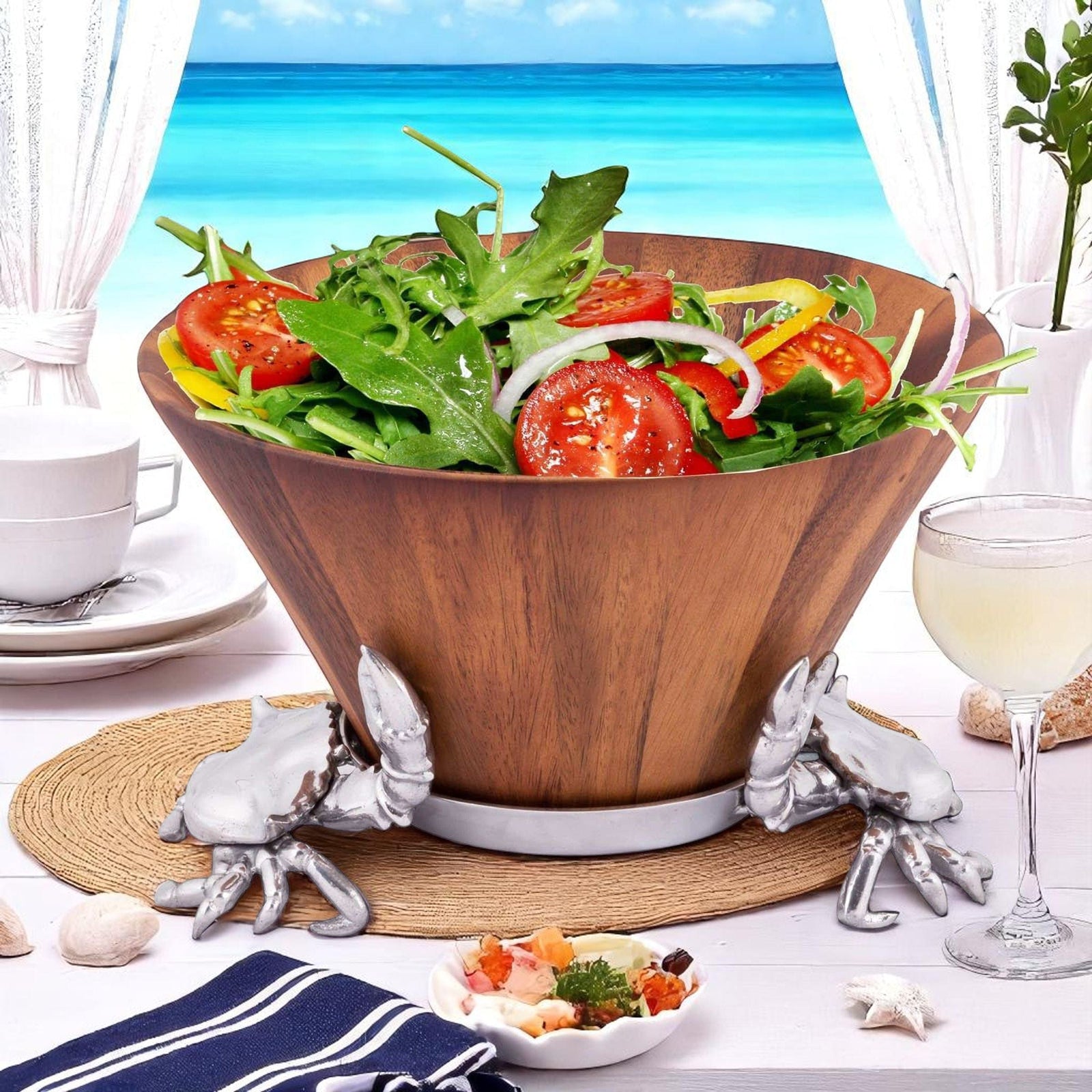 Arthur Court Sea and Shore Crab Wood Tall Salad Bowl