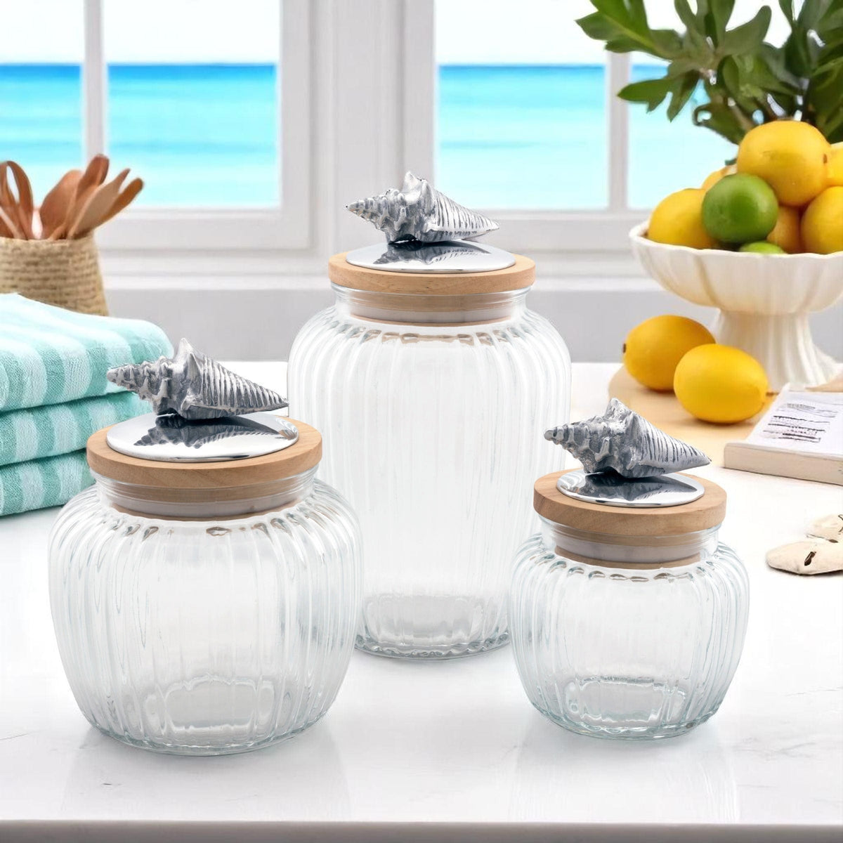 Arthur Court Sea and Shore Shell Knob Glass Canisters
