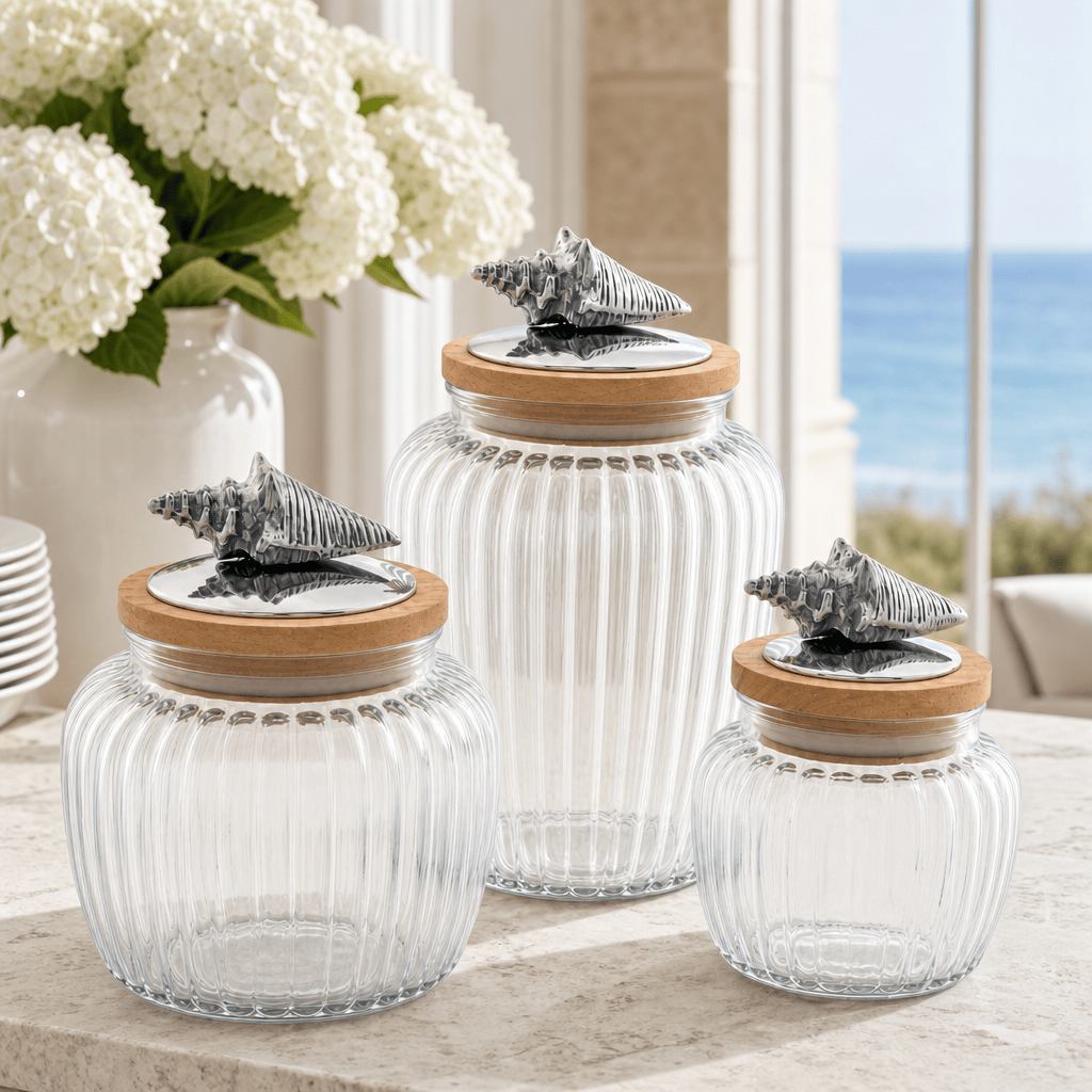 Arthur Court Sea and Shore Large  60 oz Shell Knob Glass Canisters