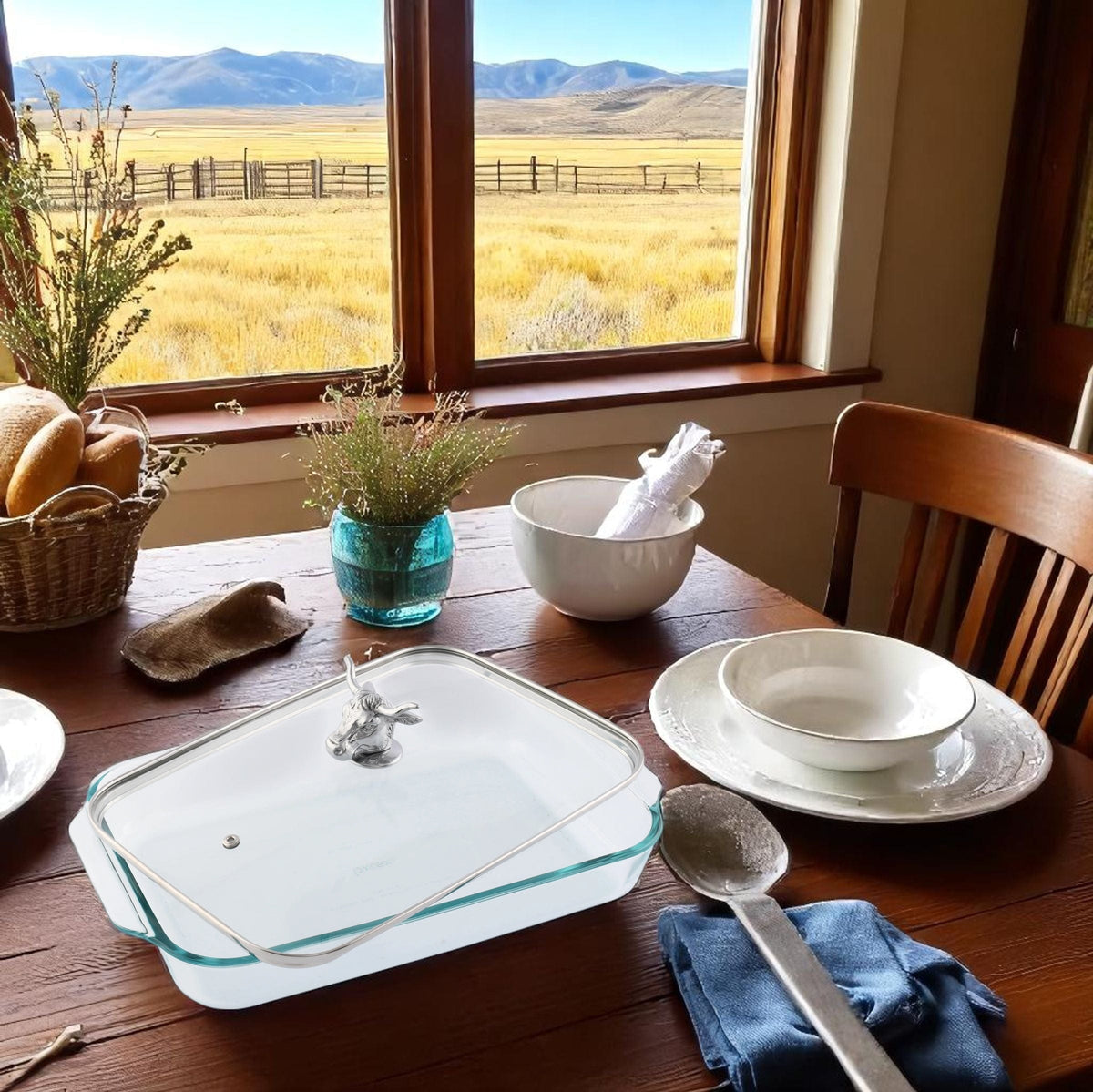 Arthur Court Western Frontier Bull / Steer Lid with Pyrex 3 quart Baking Dish