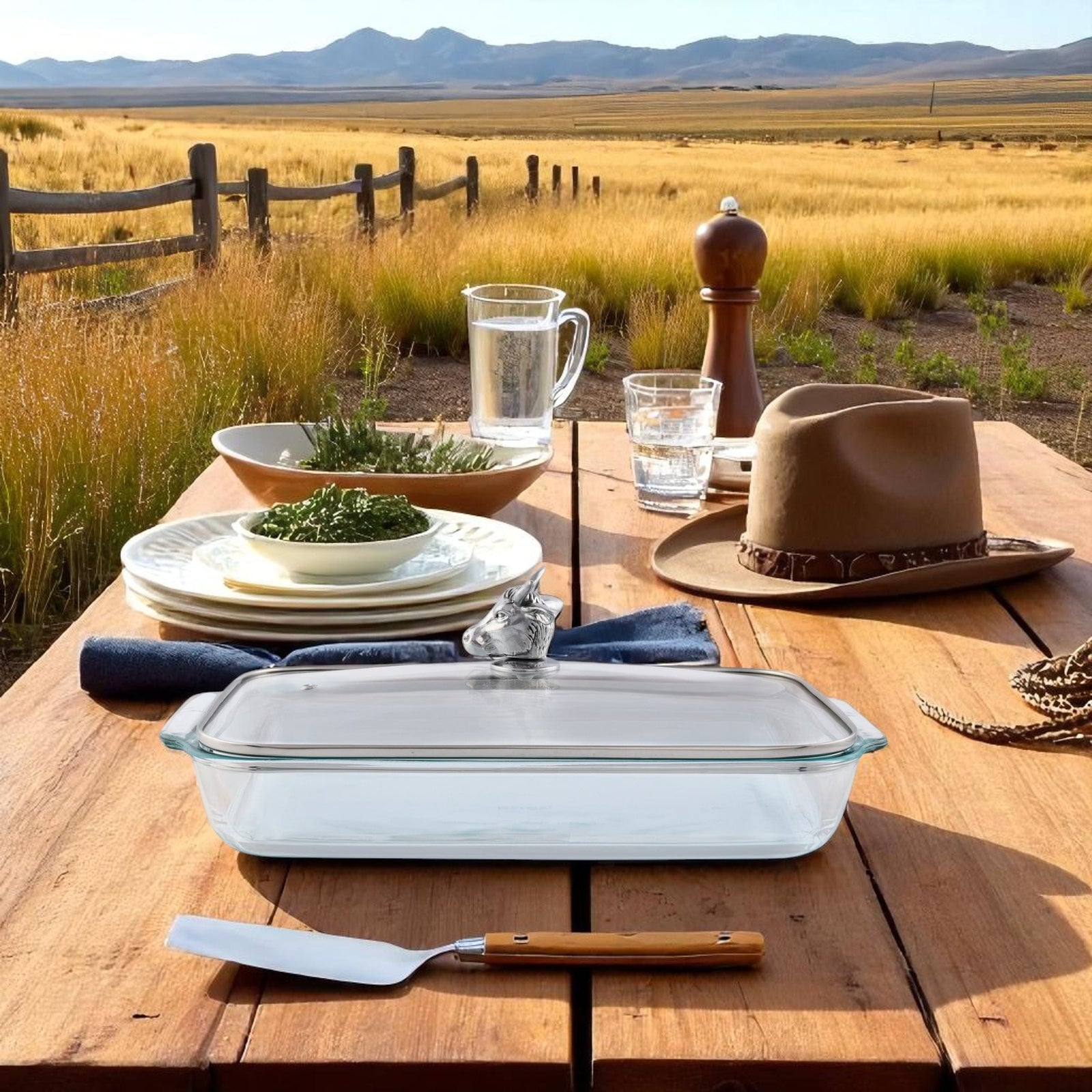 Arthur Court Western Frontier Bull / Steer Lid with Pyrex 3 quart Baking Dish