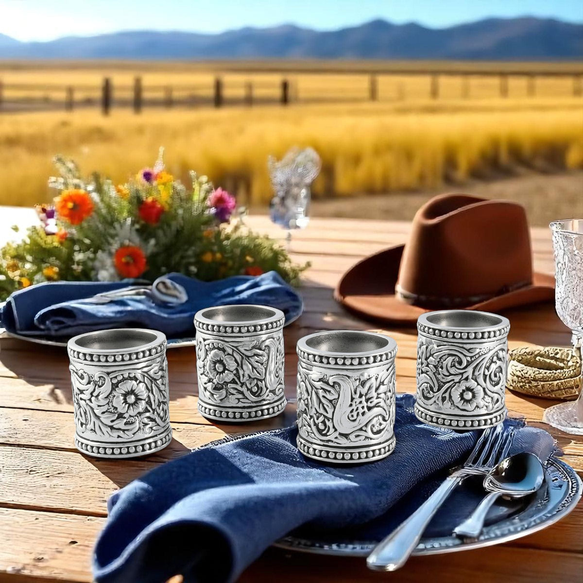 Arthur Court Western Frontier Concho Pattern Napkin Rings Set of 4