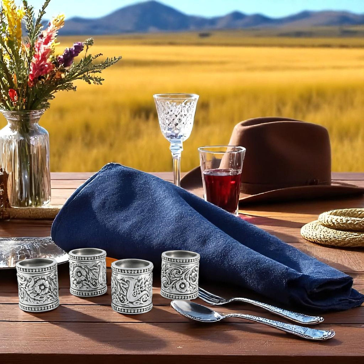 Arthur Court Western Frontier Concho Pattern Napkin Rings Set of 4
