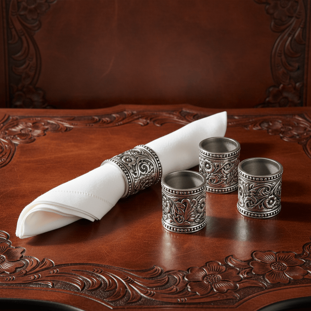 Arthur Court Western Frontier Concho Pattern Napkin Rings Set of 4