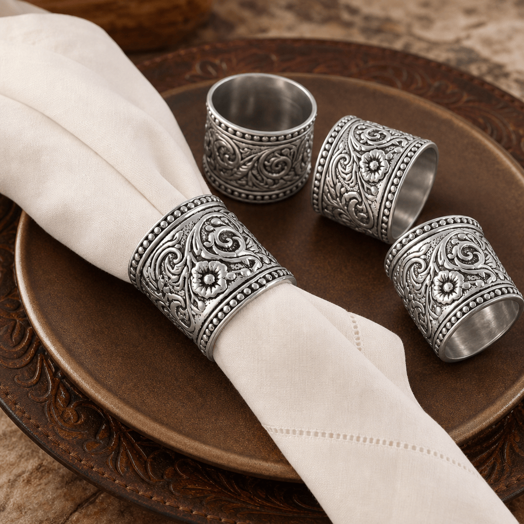 Arthur Court Western Frontier Concho Pattern Napkin Rings Set of 4