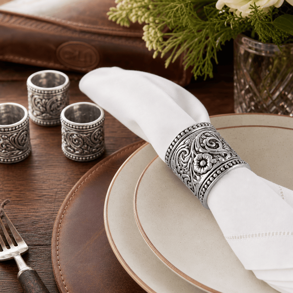 Arthur Court Western Frontier Concho Pattern Napkin Rings Set of 4