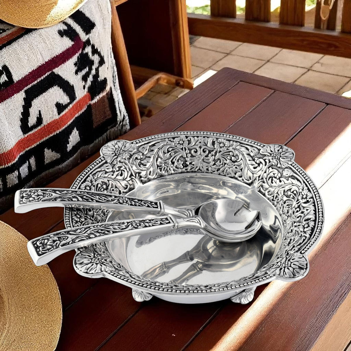 Arthur Court Western Frontier Concho Pattern Salad Bowl with Serving Set
