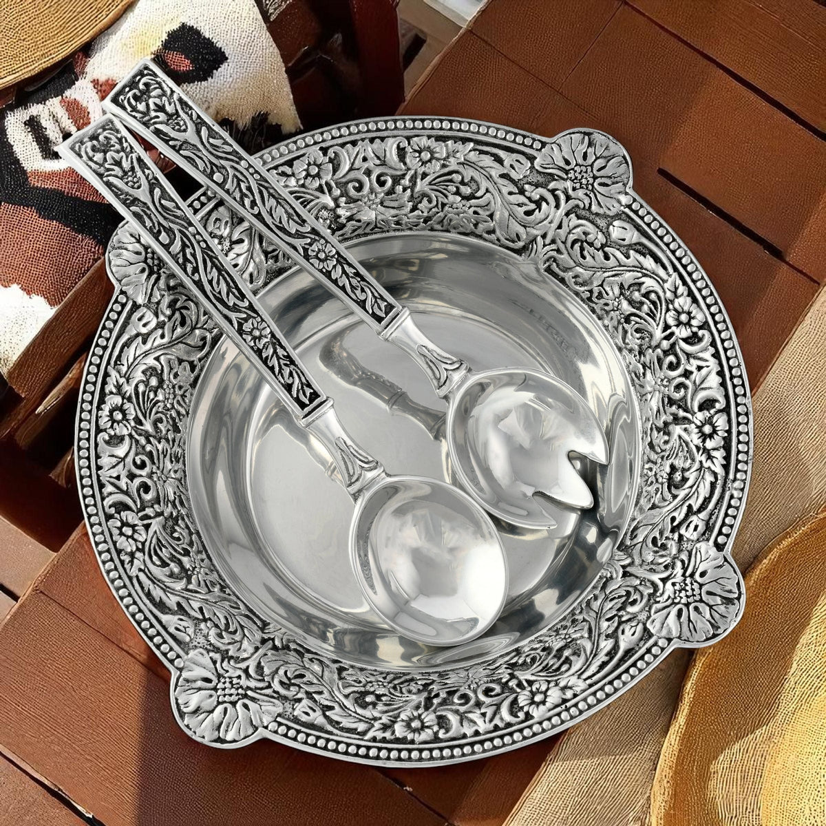 Arthur Court Western Frontier Concho Pattern Salad Bowl with Serving Set
