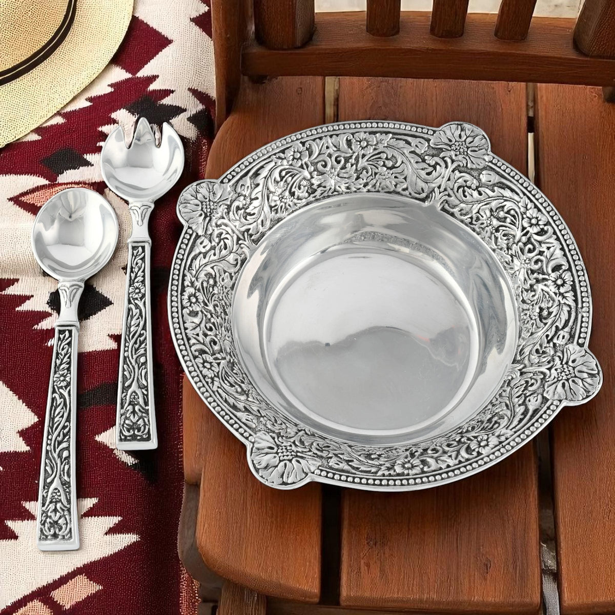 Arthur Court Western Frontier Concho Pattern Salad Bowl with Serving Set