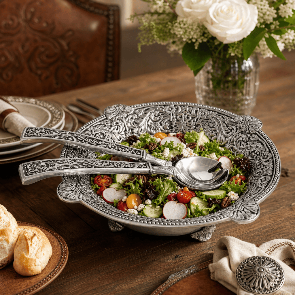 Arthur Court Western Frontier Concho Pattern Salad Bowl with Serving Set