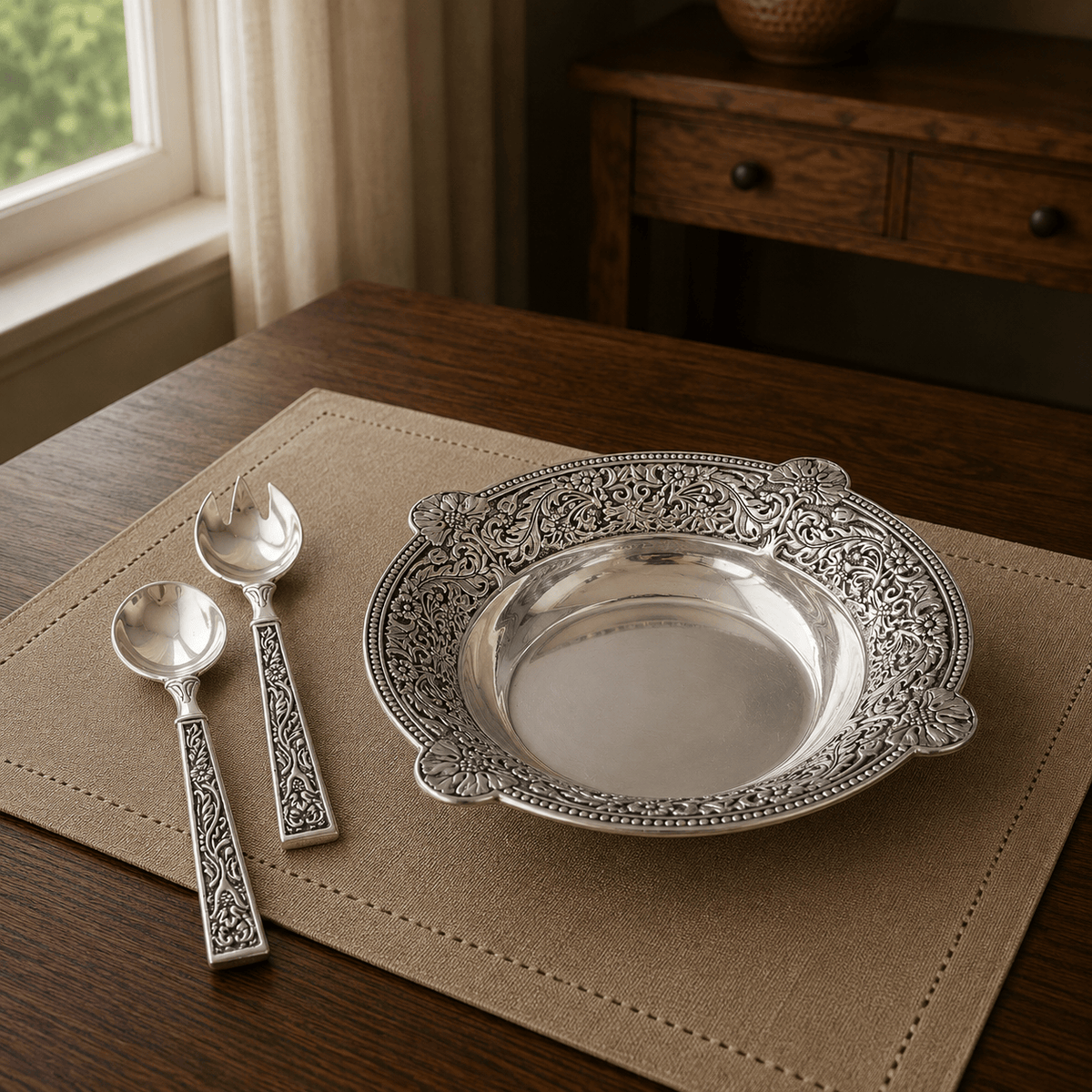 Arthur Court Western Frontier Concho Pattern Salad Bowl with Serving Set