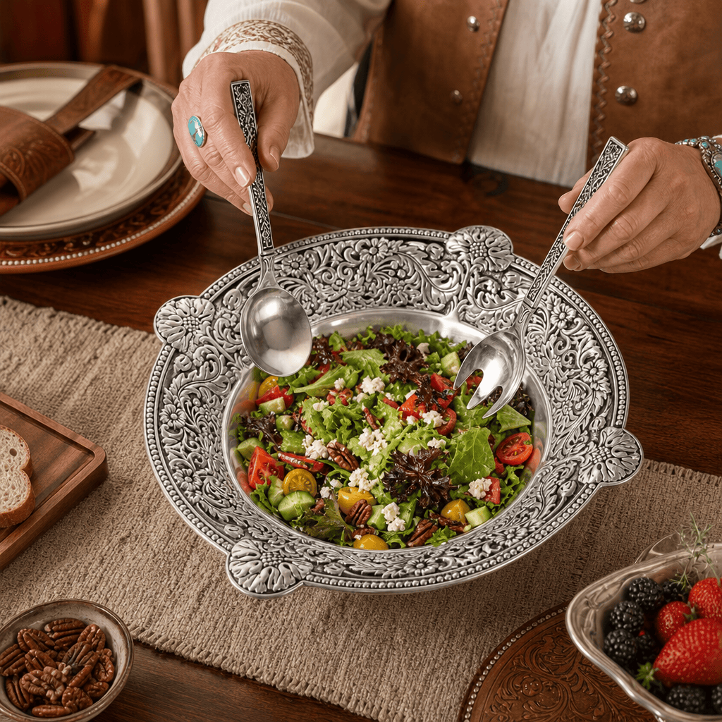 Arthur Court Western Frontier Concho Pattern Salad Bowl with Serving Set