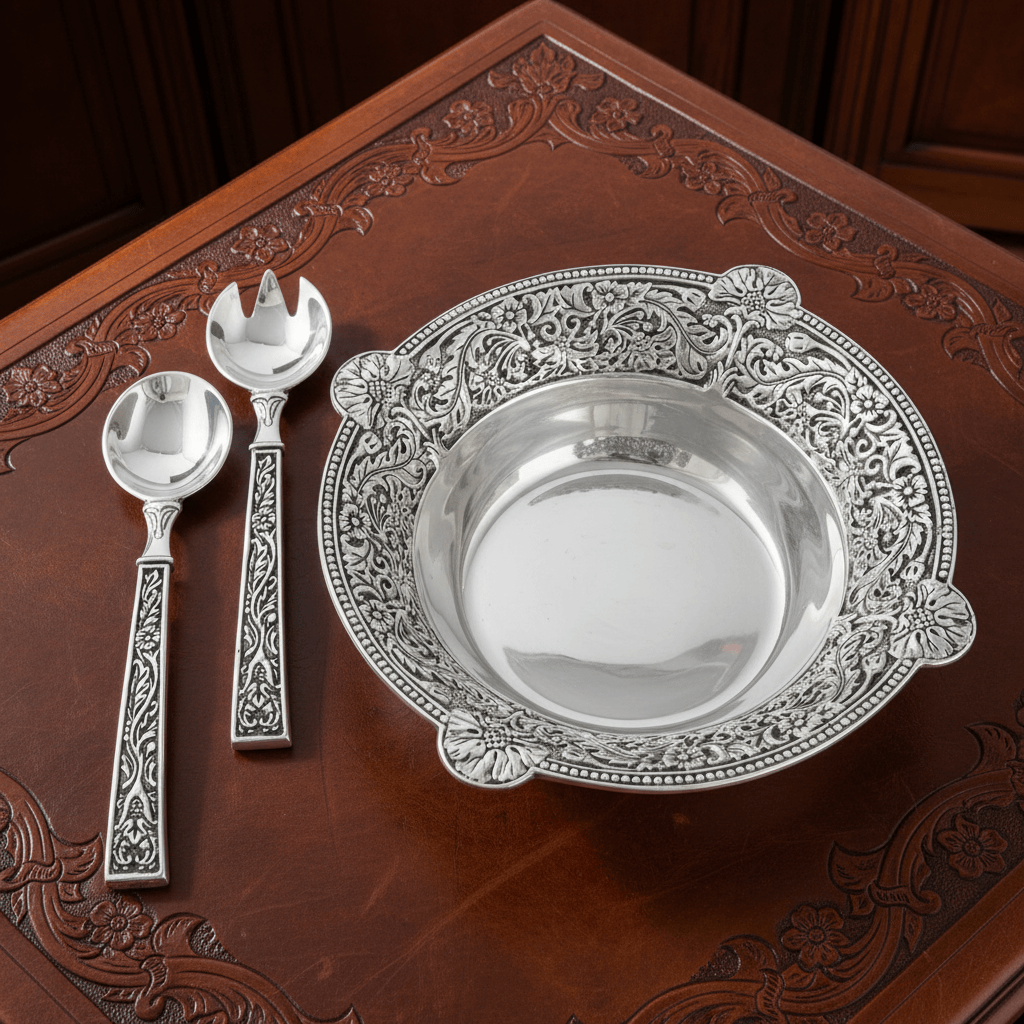 Arthur Court Western Frontier Concho Pattern Salad Bowl with Serving Set