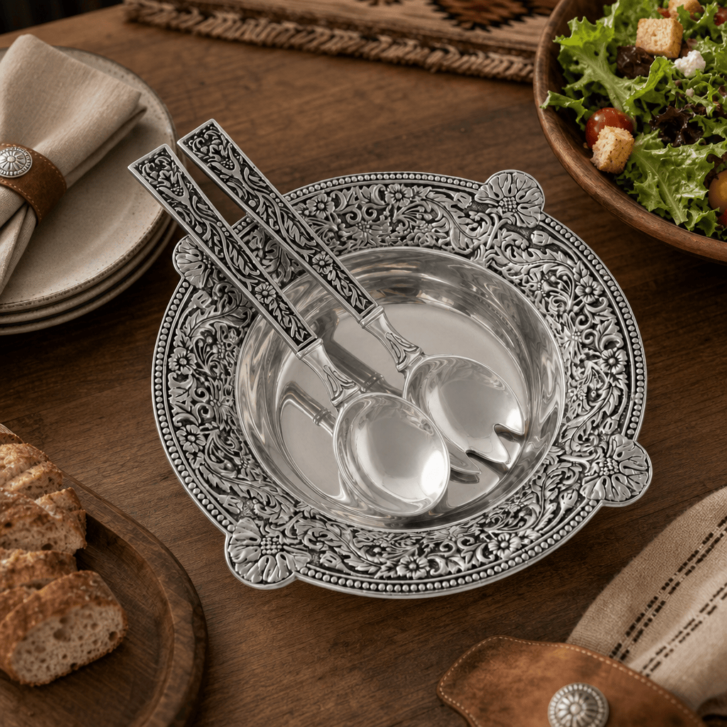 Arthur Court Western Frontier Concho Pattern Salad Bowl with Serving Set