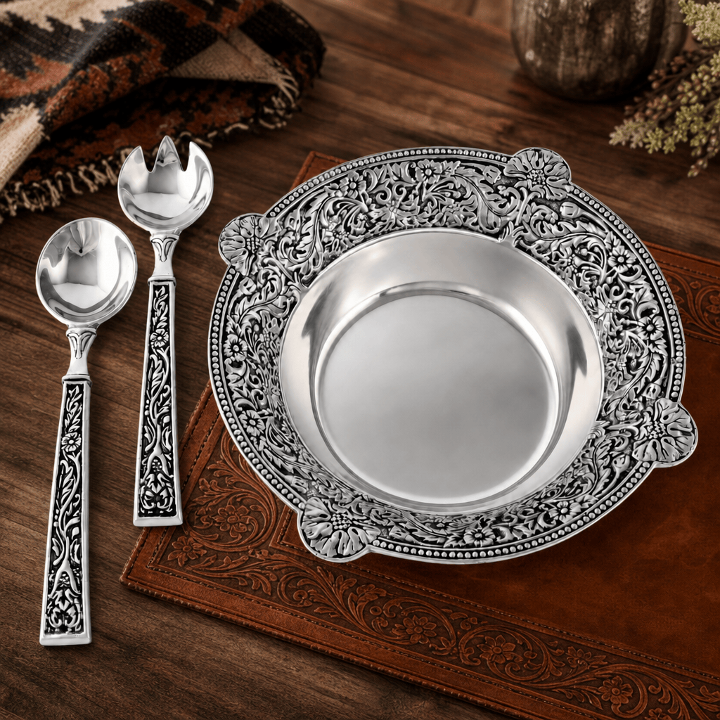 Arthur Court Western Frontier Concho Pattern Salad Bowl with Serving Set