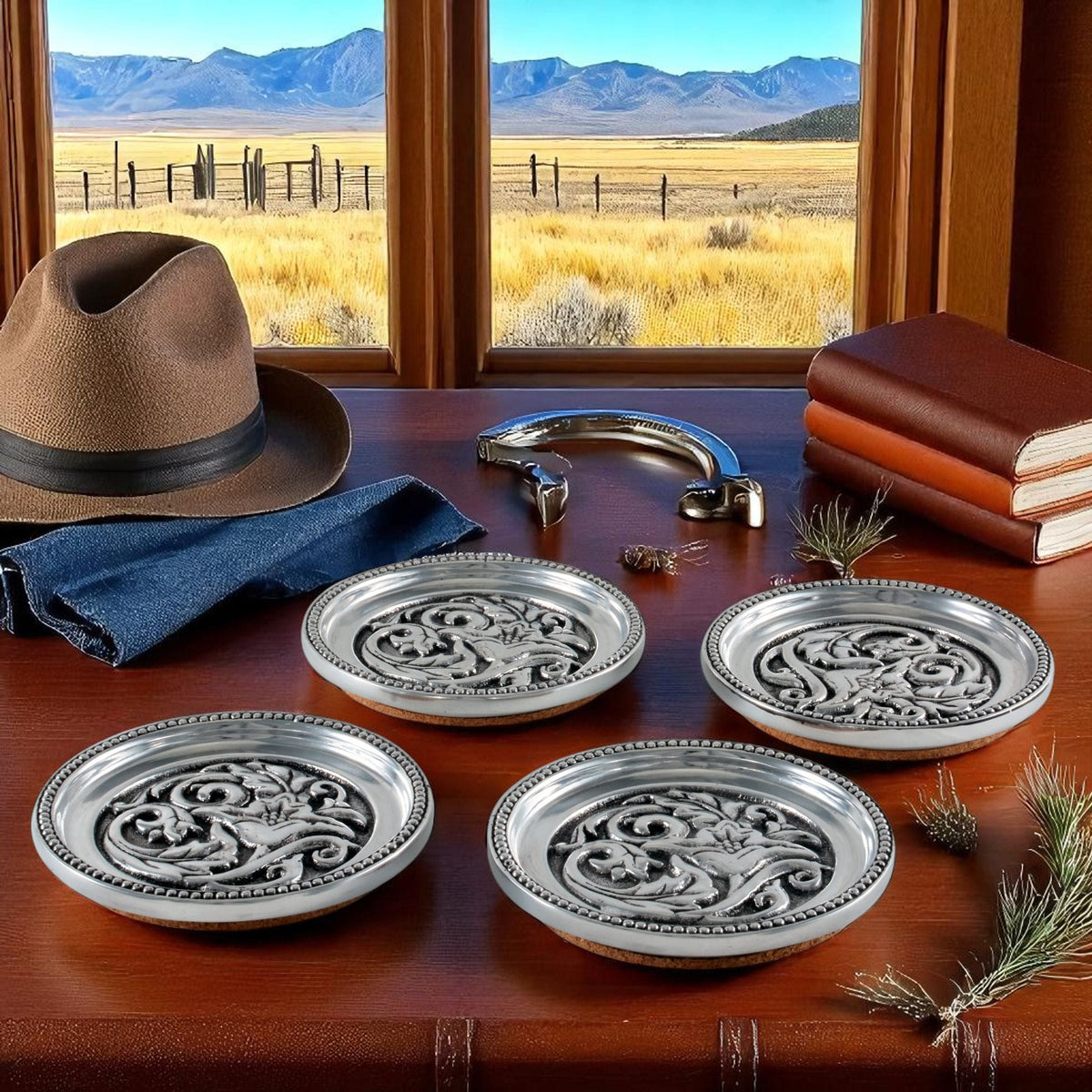 Arthur Court Western Frontier Concho Western Drink Coaster Set of 4