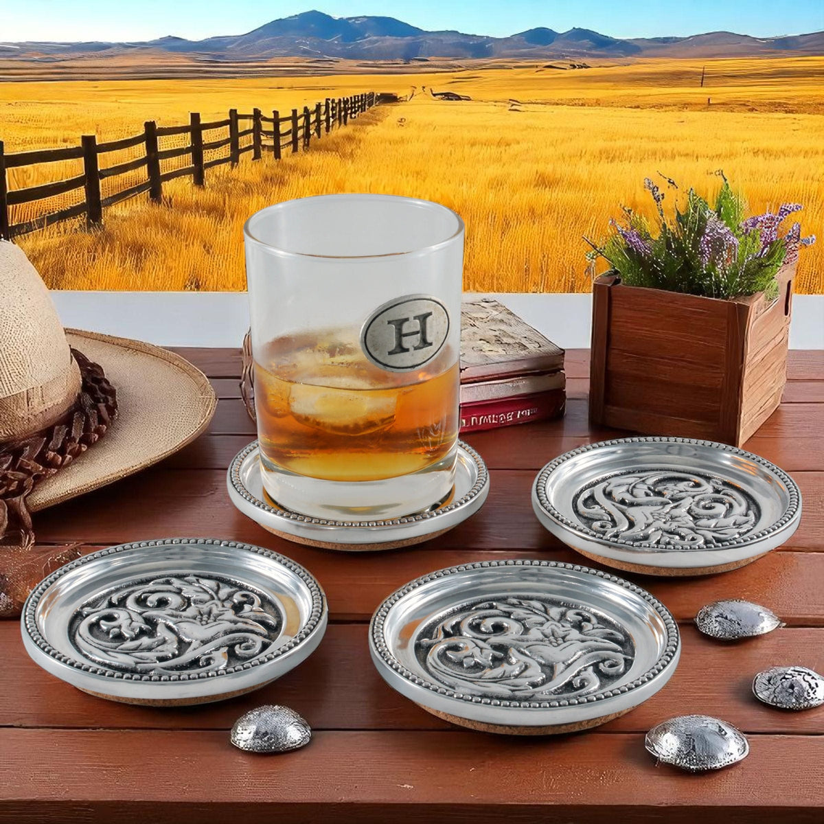 Arthur Court Western Frontier Concho Western Drink Coaster Set of 4