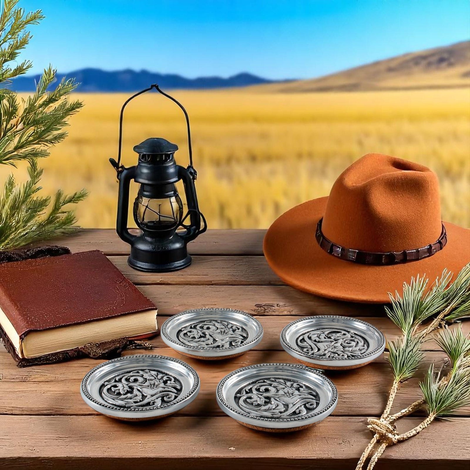 Arthur Court Western Frontier Concho Western Drink Coaster Set of 4