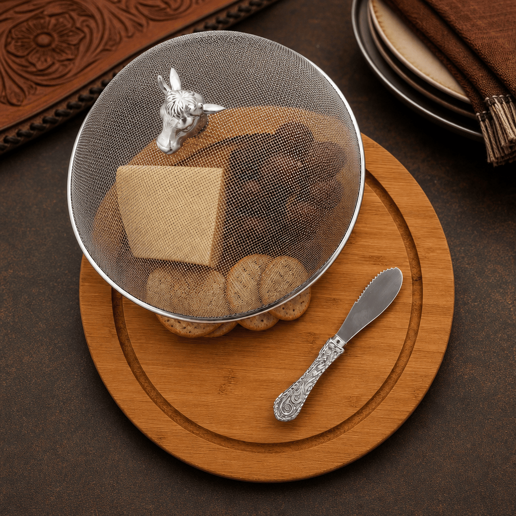 Arthur Court Western Frontier Cow Head 3 Piece Picnic Cheese Board / Spreader