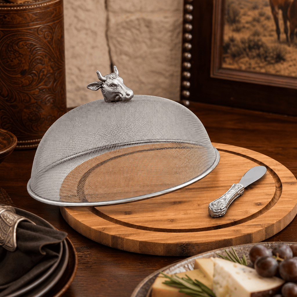 Arthur Court Western Frontier Cow Head 3 Piece Picnic Cheese Board / Spreader