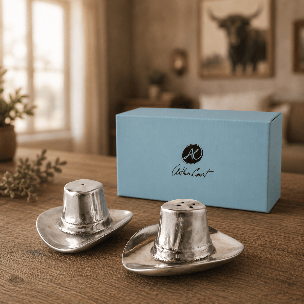 Arthur Court Western Frontier Cowboy Hat Salt and Pepper Set
