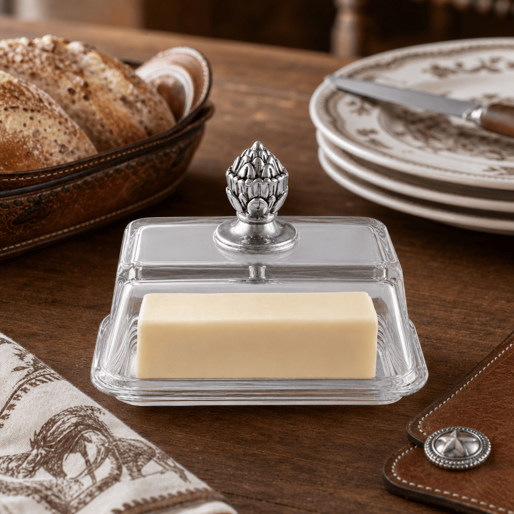 Arthur Court Western Frontier Glass Butter Dish - Concho