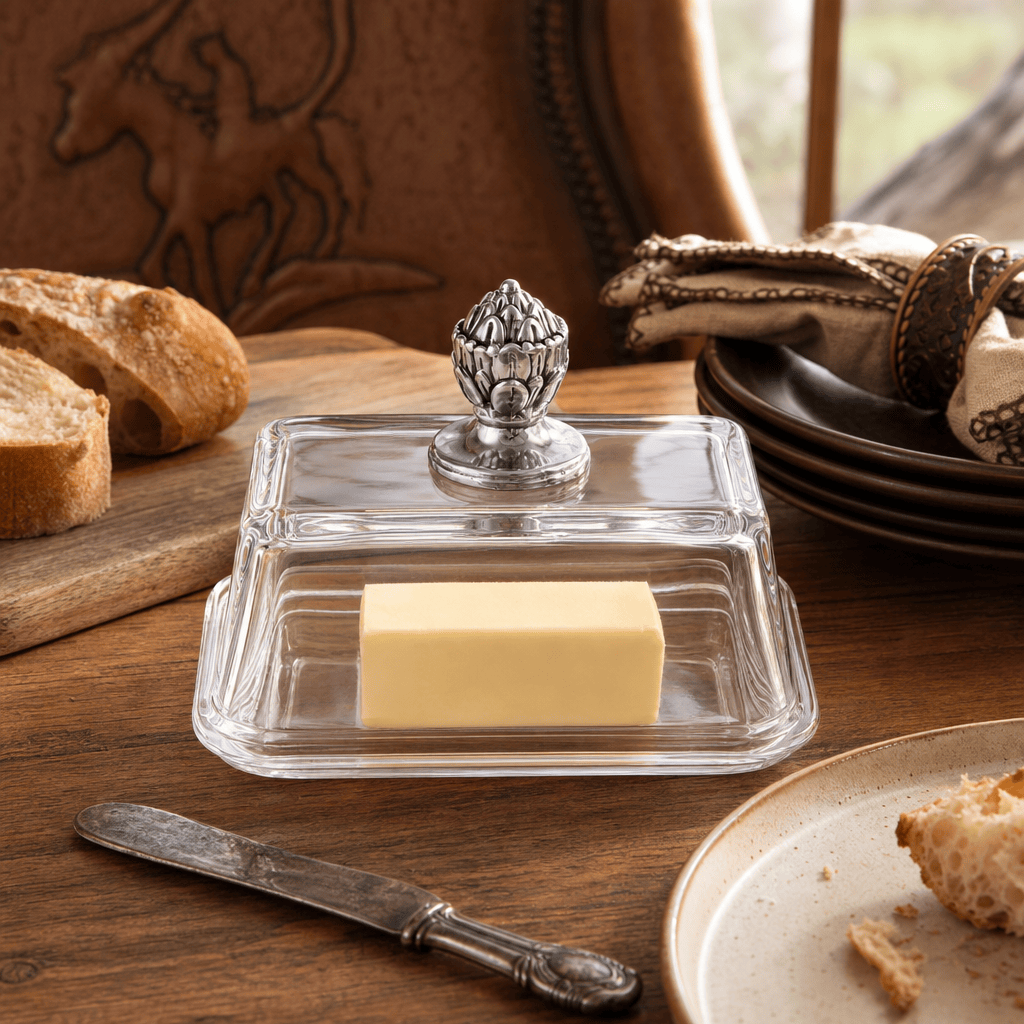 Arthur Court Western Frontier Glass Butter Dish - Concho