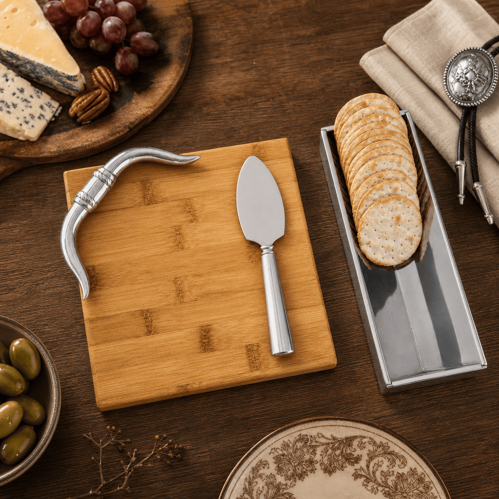 Arthur Court Western Frontier Longhorn Bamboo Cheese Set
