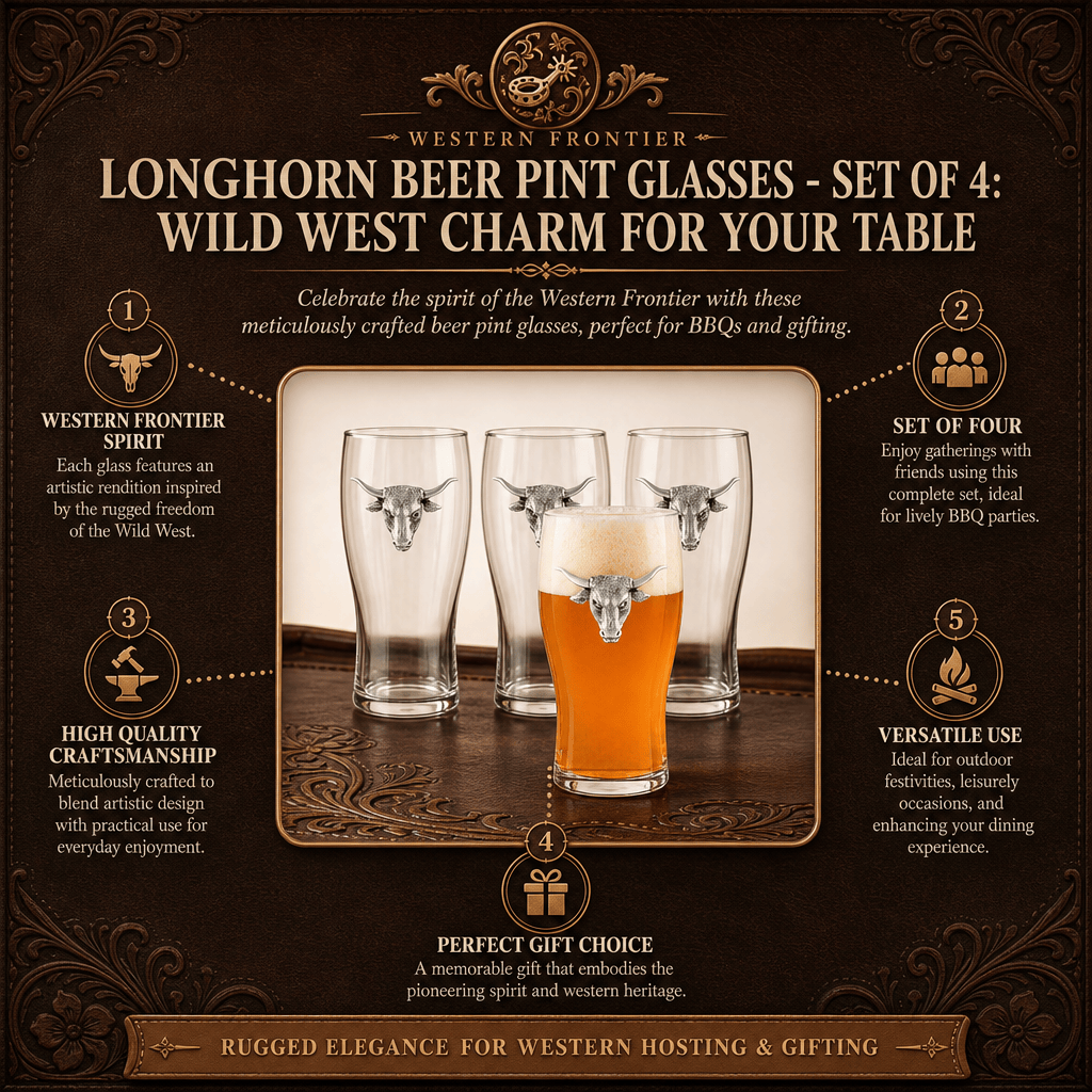 Arthur Court Western Frontier Longhorn Beer Pint Glasses - Set of 4