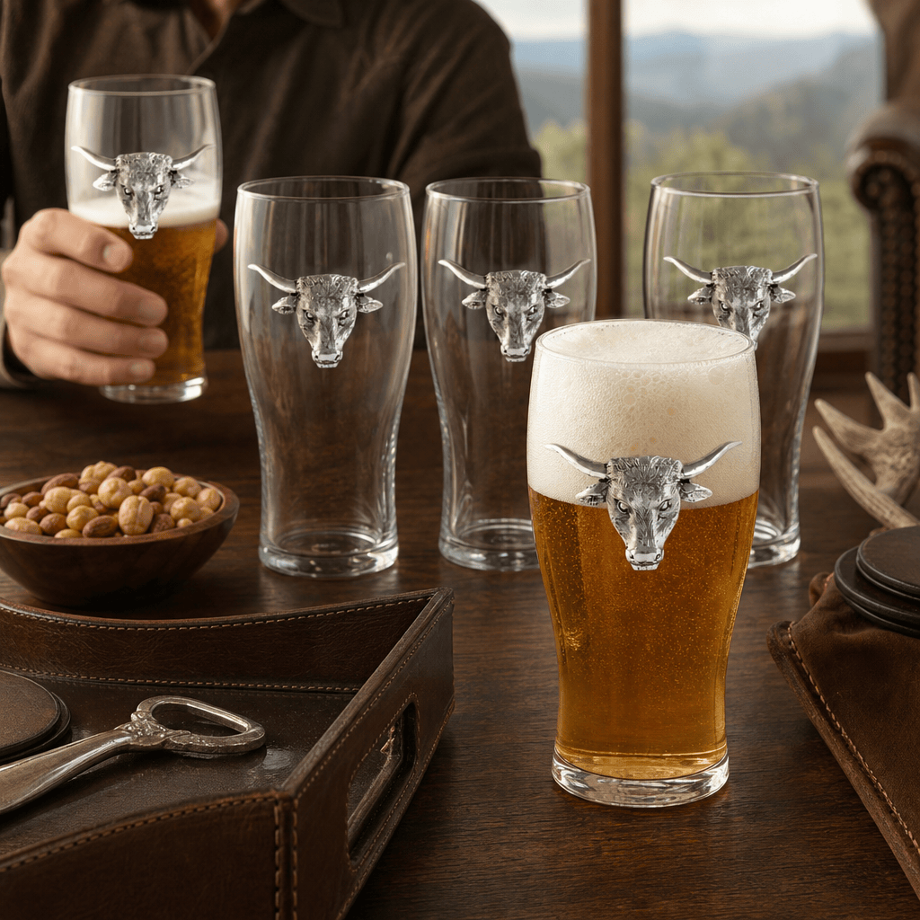 Arthur Court Western Frontier Longhorn Beer Pint Glasses - Set of 4