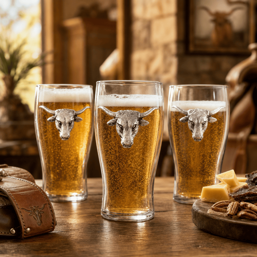 Arthur Court Western Frontier Longhorn Beer Pint Glasses - Set of 4