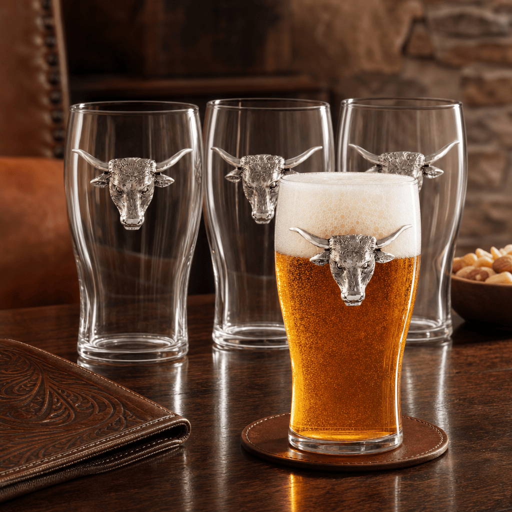 Arthur Court Western Frontier Longhorn Beer Pint Glasses - Set of 4