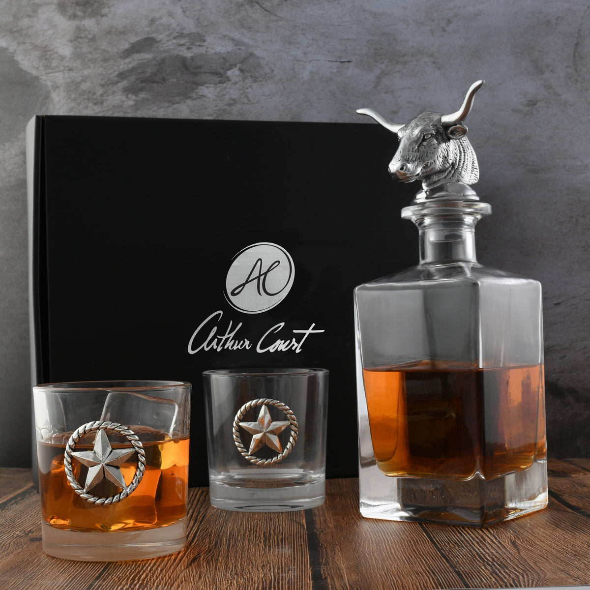 Arthur Court Western Frontier Longhorn Decanter Set with Pair of Glasses