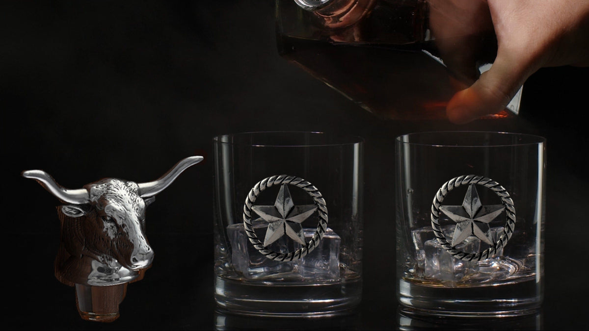 Arthur Court Western Frontier Longhorn Decanter Set with Pair of Glasses