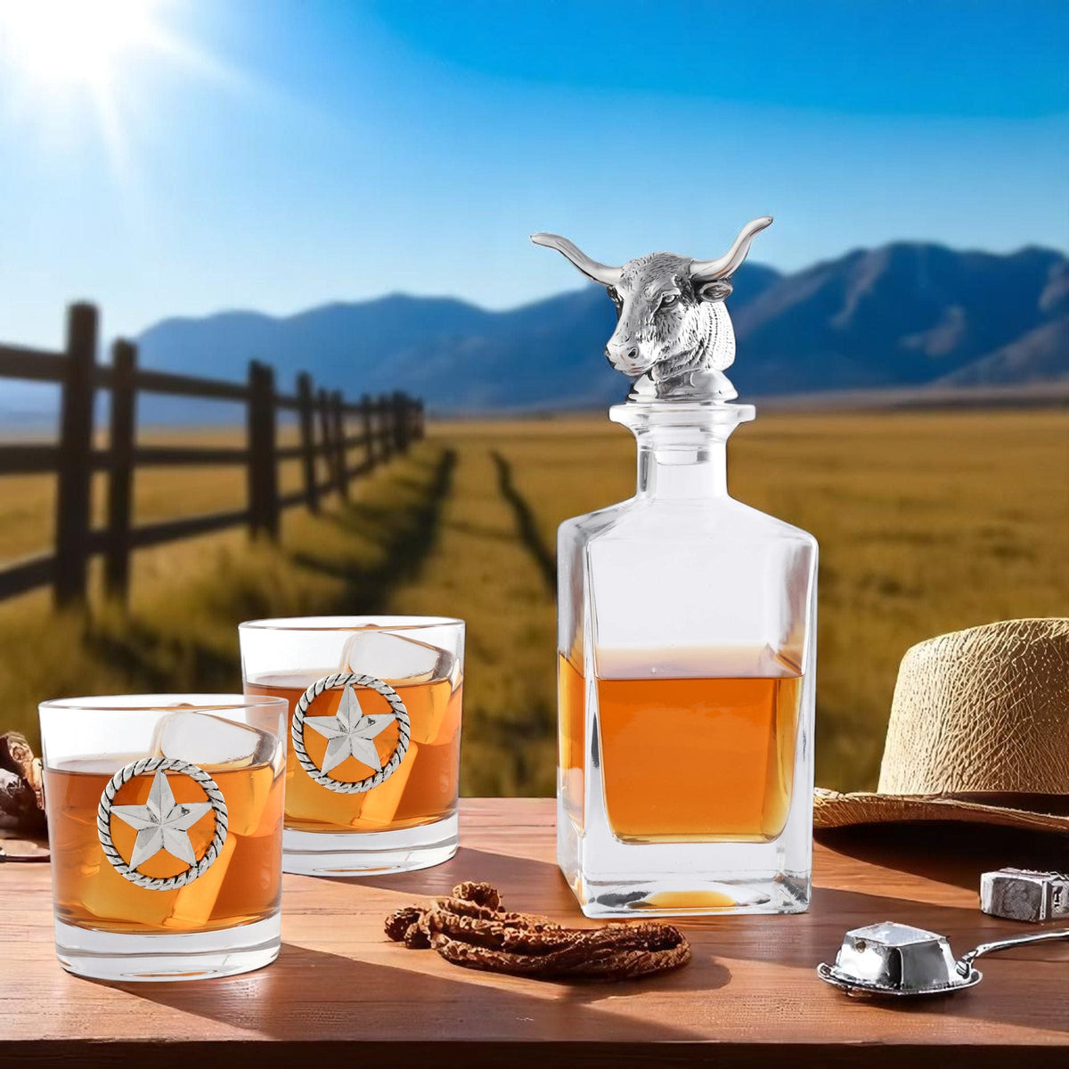 Arthur Court Western Frontier Longhorn Decanter Set with Pair of Glasses