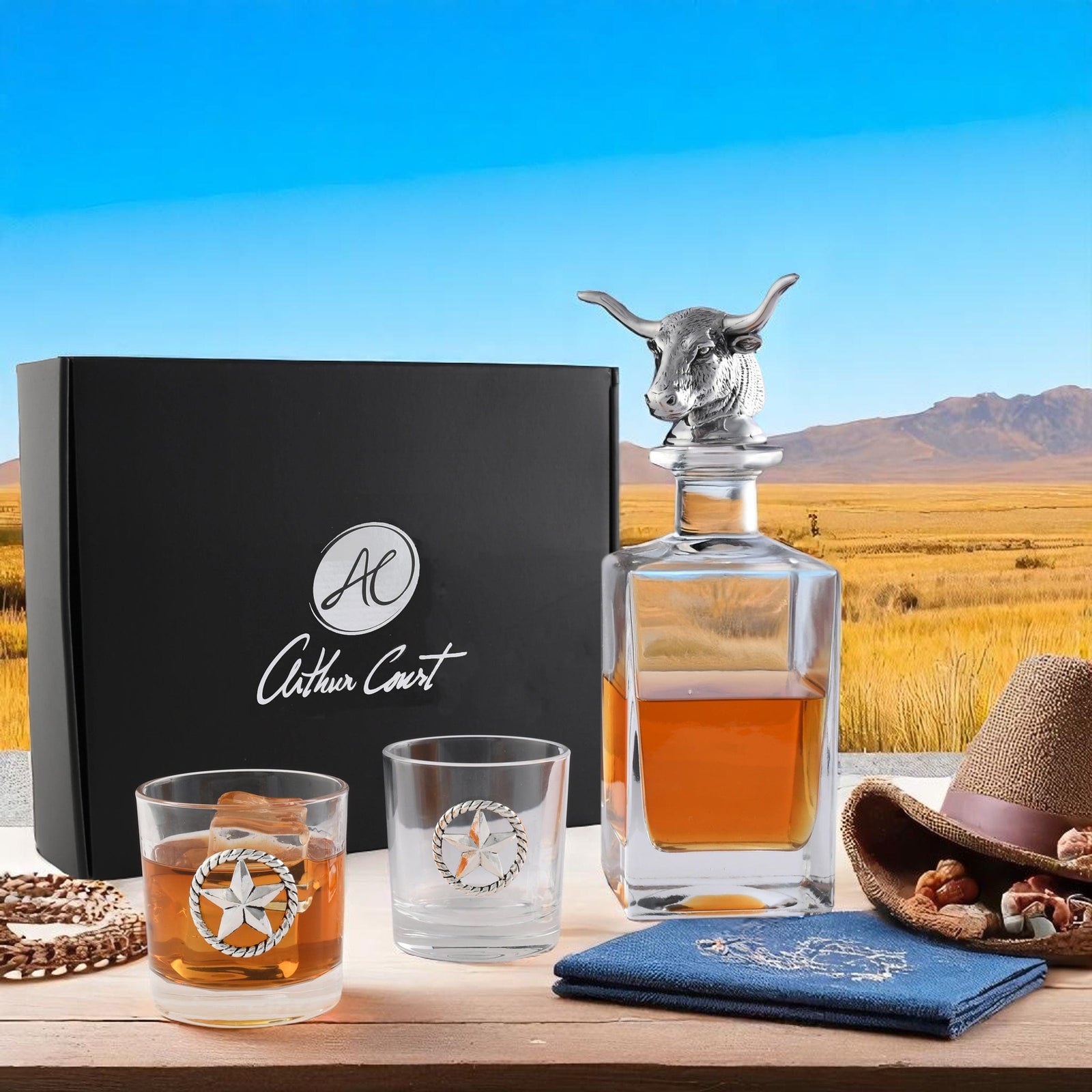 Arthur Court Western Frontier Longhorn Decanter Set with Pair of Glasses