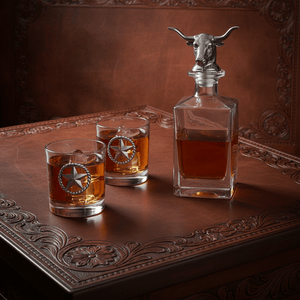 Arthur Court Western Frontier Longhorn Decanter Set with Pair of Glasses