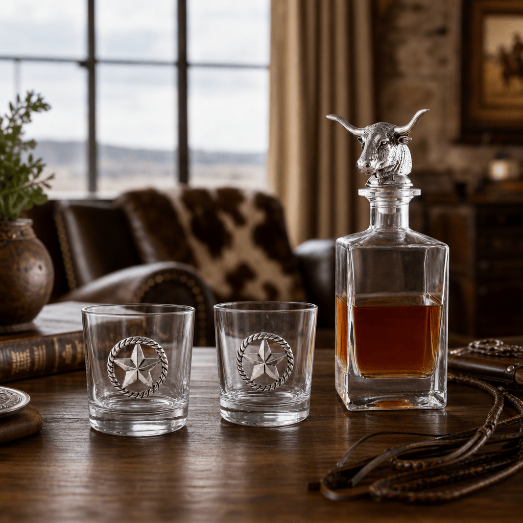 Arthur Court Western Frontier Longhorn Decanter Set with Pair of Glasses