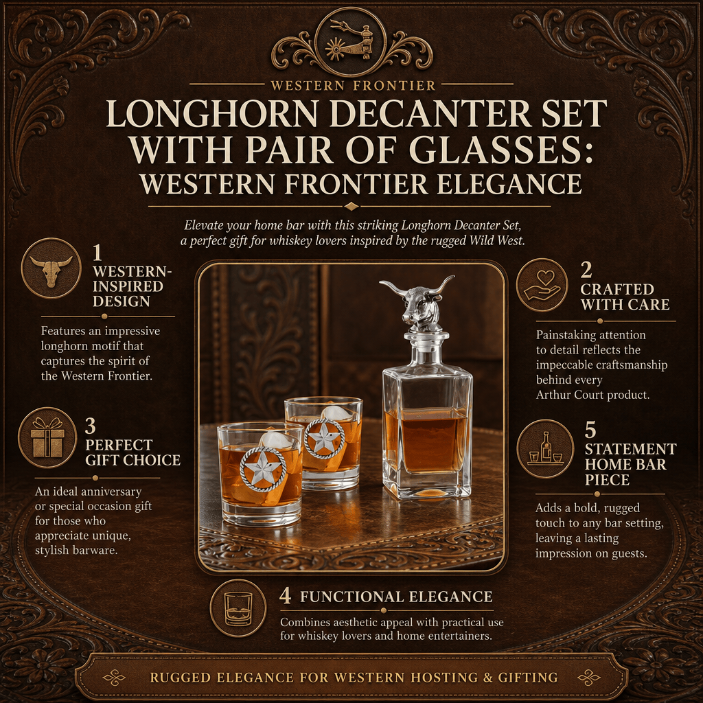 Arthur Court Western Frontier Longhorn Decanter Set with Pair of Glasses