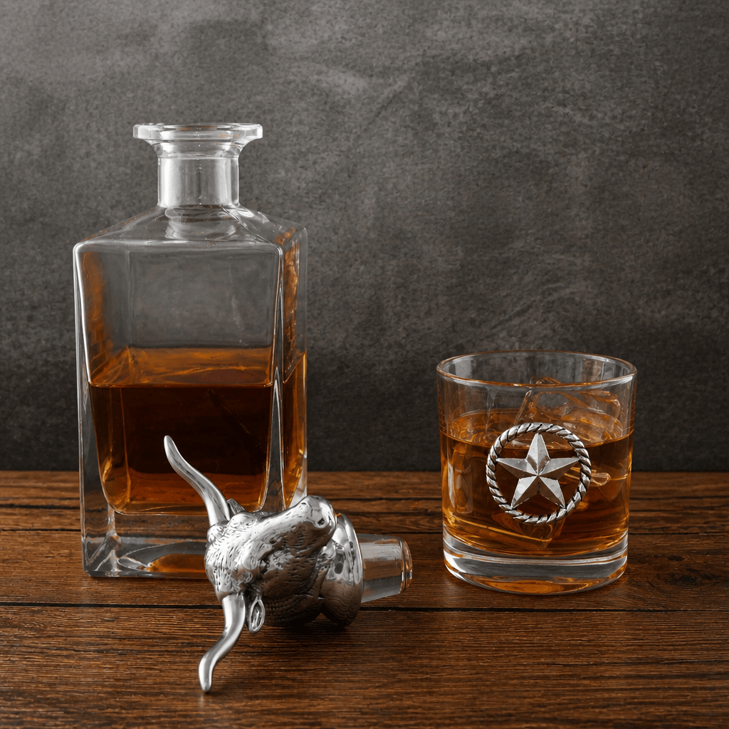 Arthur Court Western Frontier Longhorn Decanter Set with Pair of Glasses