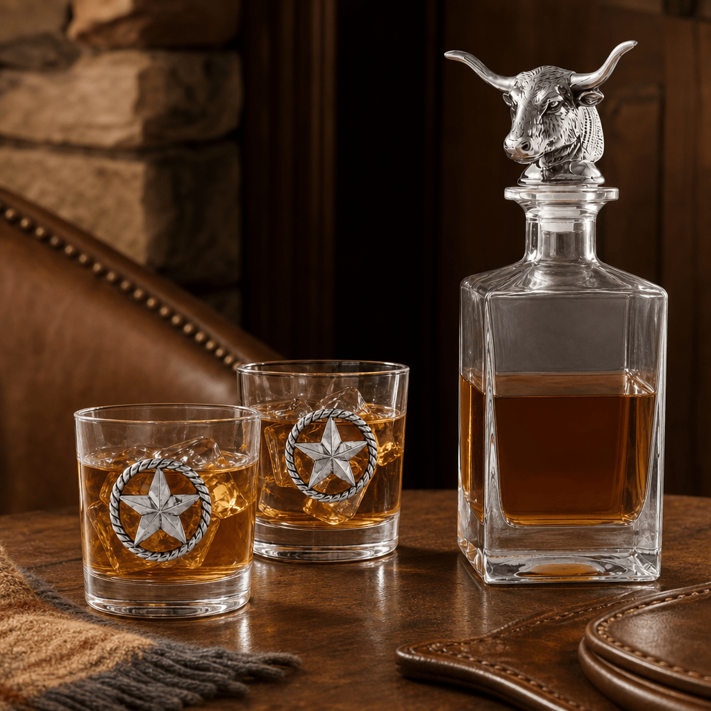 Arthur Court Western Frontier Longhorn Decanter Set with Pair of Glasses