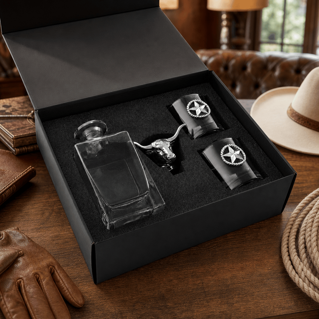Arthur Court Western Frontier Longhorn Decanter Set with Pair of Glasses